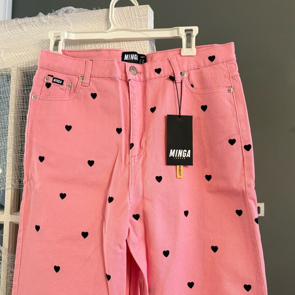 NWT Minga London Pink Heart High Waisted Jeans Size 34” US 10